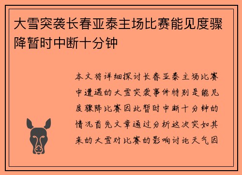 大雪突袭长春亚泰主场比赛能见度骤降暂时中断十分钟