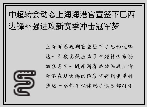 中超转会动态上海海港官宣签下巴西边锋补强进攻新赛季冲击冠军梦